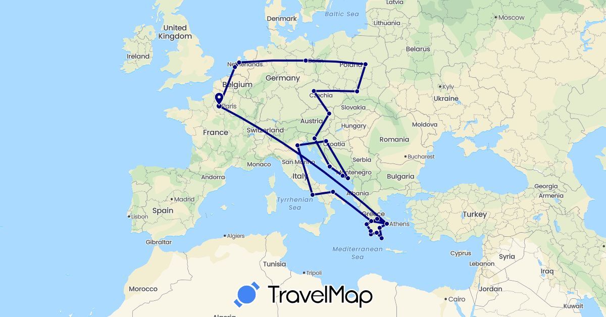 TravelMap itinerary: driving in Austria, Czech Republic, Germany, France, Greece, Croatia, Italy, Montenegro, Netherlands, Poland, Slovenia (Europe)